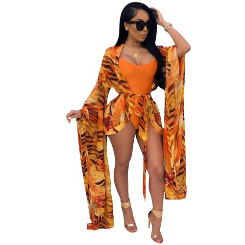 Orange Printed One-Piece Swimwear & Cover Up