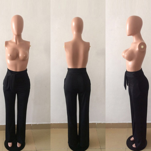 Womens Black Pants With Bow Wide Leg
