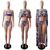 Printing Falbala Decorative Swimsuit + Cloak