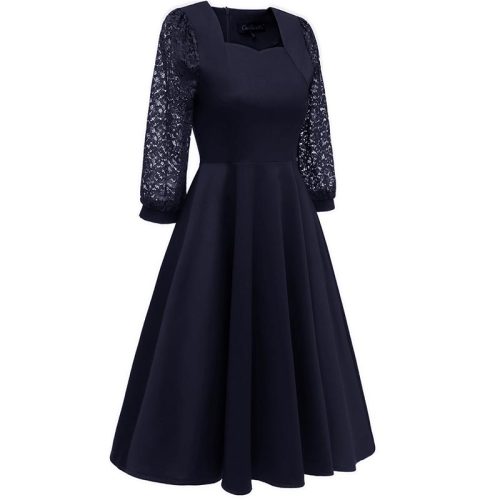 Sequare Neck A-Line Dress with Lace Sleeves
