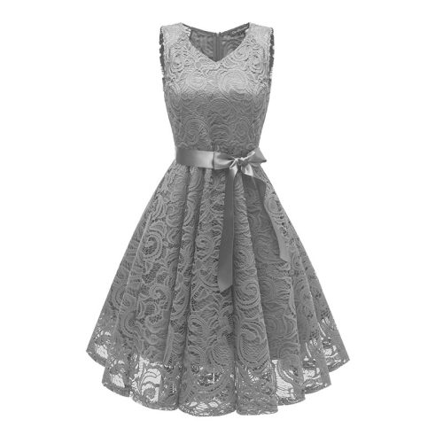V-Neck Lace Sleeveless A-Line Evening Dress