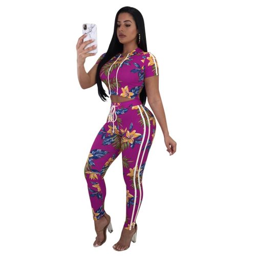 Casual Hooded Collar Floral Printed Two-Piece Pants Set