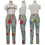 Euramerican Round Neck Striped Floral Printed Two-Piece Pants Set