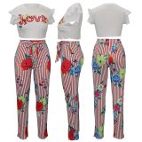 Euramerican Round Neck Striped Floral Printed Two-Piece Pants Set