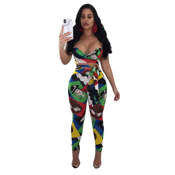 Graphic Colorful Print Straps Crop Top and Pants