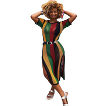 Summer Women Colorful Striped Mesh Sheer Club High Slit Dress