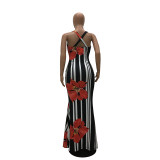 Casual U Neck Striped+Floral Printed Floor Length Dress