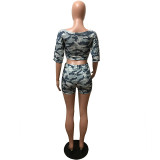 Dew Shoulder Camouflage Two-piece Shorts Set With Half Sleeves