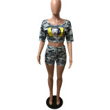 Dew Shoulder Camouflage Two-piece Shorts Set With Half Sleeves