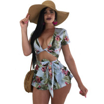 Tropical Strappy Cropped Layered Ruffles Shorts Set