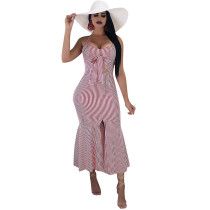 Trendy V Neck Striped Bandage Pink Straps Mid Calf Dress