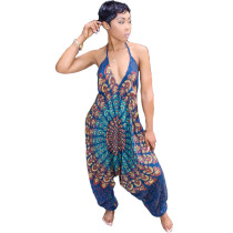 Bohemian Printed Backless Straps Jumpsuit