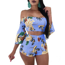 Off The Shoulder Flare Sleeves Printed Two Pieces Suit