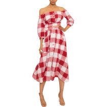 Red Plaid Pleated Off Shoulder Bandage Top And Maxi Skirt With Pockets
