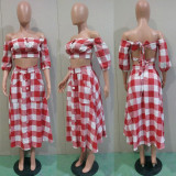 Red Plaid Pleated Off Shoulder Bandage Top And Maxi Skirt With Pockets