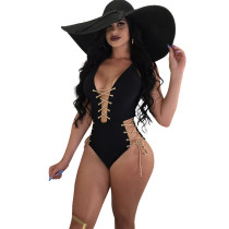 Chic Lace-up Black Polyester One-piece Swimwears
