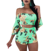 Off The Shoulder Flare Sleeves Printed Two Pieces Suit