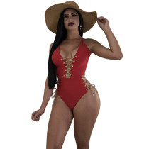 Chic Lace-up Red Polyester One-piece Swimwears