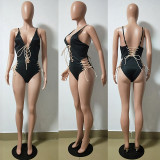 Chic Lace-up Black Polyester One-piece Swimwears