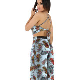 Sexy Women Lace Up Print Backless Top And Wide Leg Pants