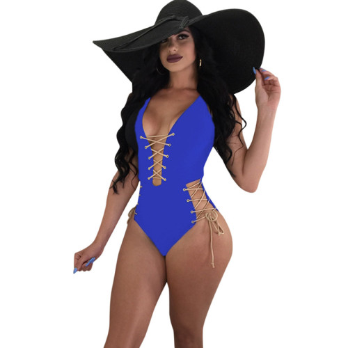Chic Lace-up Blue Polyester One-piece Swimwears