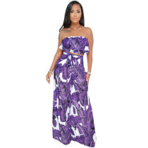 Print Floral Purple Strapless Top and Wide Pants