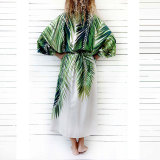Green Leaf Print Long Beach Kimono Robe