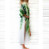 Green Leaf Print Long Beach Kimono Robe