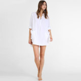 White Long Sleeve Pockets Solid Beach Blouse