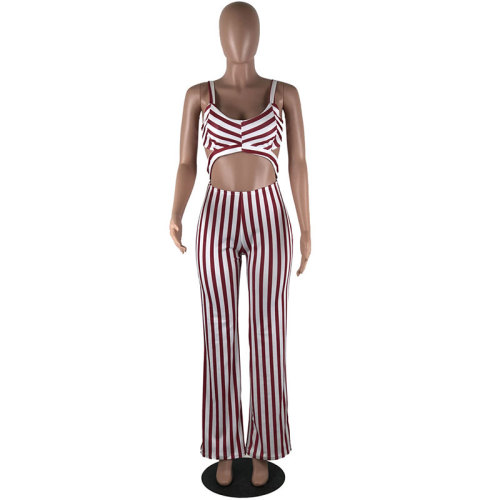 Casual V Neck Striped One-piece Jumpsuits