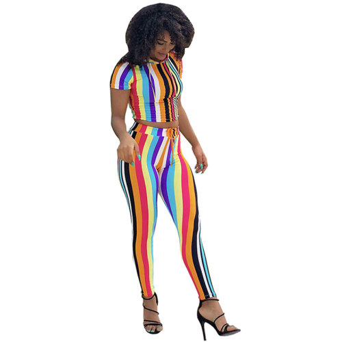 Colorful Strippes Fitting Top and Pants