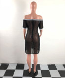 Off Shoulder Black Cover-Up Mesh Dress With Contrast Trim