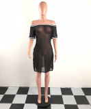Off Shoulder Black Cover-Up Mesh Dress With Contrast Trim
