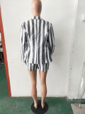 Casual Striped Long Sleeve Jacket & Tie Shorts Set