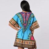 African Printed Blue Dashiki Women Dress