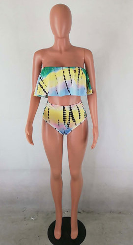 Ruffle Sleeve Off Shoulder Print Two-piece Swimwear