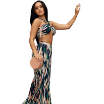 Halter Mixed Color Printed Two-Piece Outfits With Wide Leg