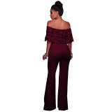 Sexy Lace Ruffled Off Shoulder Slinky Jumpsuit With Wide Leg