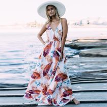 Women Floral Print V Neck Beach Boho Maxi Dress