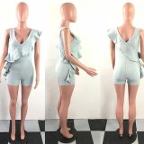 Occassional Ruffles Denim Rompers With V-neck