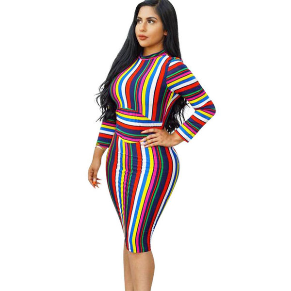 Stand Collar Colorful Striped Print Mid Dress