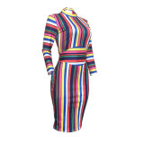 Stand Collar Colorful Striped Print Mid Dress
