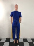 Block Color Short Sleeve Jumpsuit With Belt
