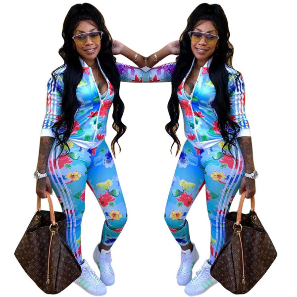 Casual Floral Printed Blue Two-piece Pants Set