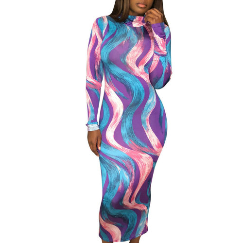 Mixed Color High Neck Long Sleeve Bodycon Dress