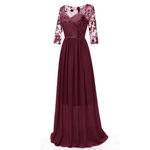 V-neck Lace Embroidered Flower Bridesmaid Dress