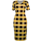 Casual Grids Printed Yellow Mid Calf Dress