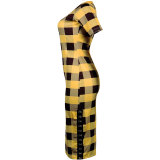 Casual Grids Printed Yellow Mid Calf Dress