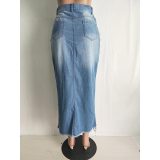 Distressed Medium Rise Slim Fit Blue Faded Denim Calf-Length Skirt