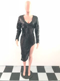 Eve Black Iridescent Sequins Asymmetrical Slit Dress